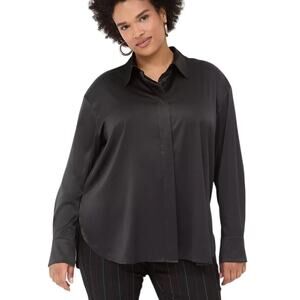 Lane Bryant Black Classic Satiny Button Down Boyfriend Shirt Size 28 No Peek NEW